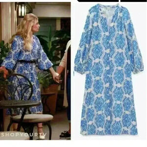 Zara worn on tv blue and white dress
